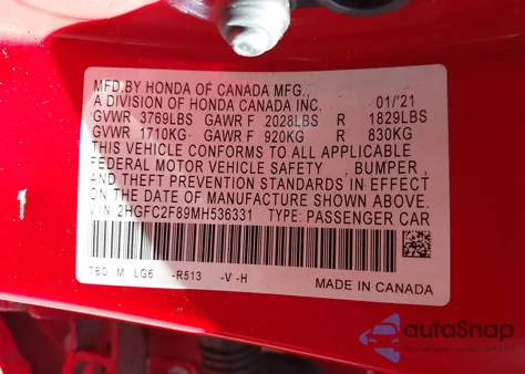 2021 Honda Civic Sport из США, поврежденный, VIN 2HGFC2F89MH536331